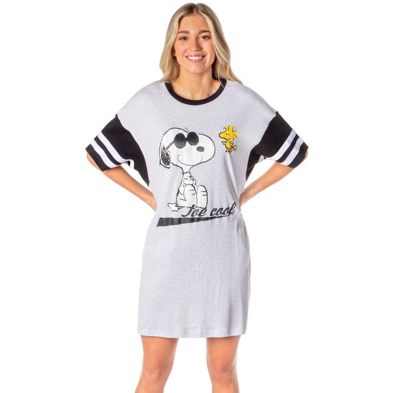 Peanuts Womens' Joe Cool Snoopy Woodstock Nightgown Pajama Shirt Dress Grey, 1 of 5