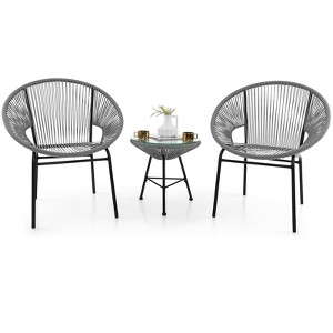Tangkula 3 Pieces Acapulco Chair Set Wicker Conversation Bistro Set w/ Tempered Glass Table - 1 of 4