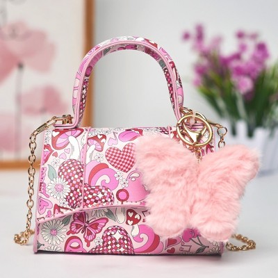 Willow & Ruby Girls' Mini Groovy Love & Peace Print Top Handle Crossbody Bag with Fluffy Butterfly Charm - image 2
