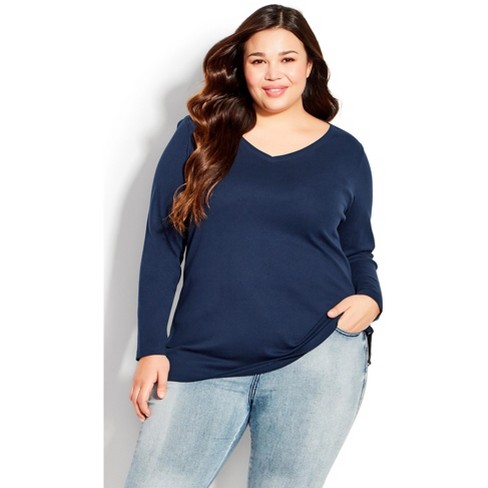 Women's Plus Size V Neck Long Sleeve Top - Navy | Avenue : Target