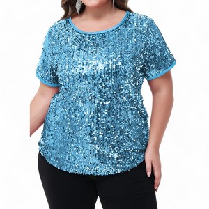 Anna-Kaci Women's Plus Size Short Sleeve Sequin Top Round Neck - 1 of 4