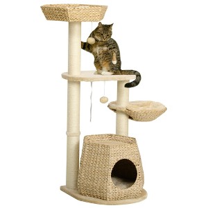 PawHut 47" Cat Tree Kitty Activity Center, Cat Climbing Toy with Cattail Fluff, Bed, Condo, Sisal Scratching Post, and Hanging Ball, Natural - 1 of 4
