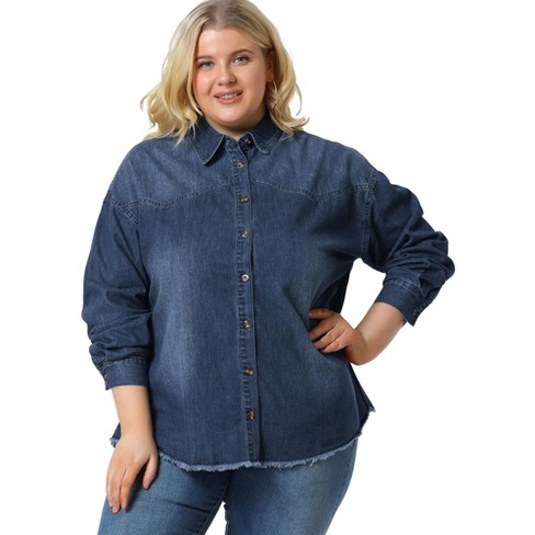 Unique Bargains Women's Plus Size Chest Pocket Long Sleeve Denim Chambray  Shirt 2X White Blue 