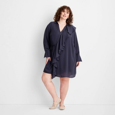 Women's Long Sleeve Asymmetrical Mini Shirtdress - Future Collective Navy Blue