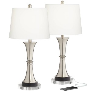 360 Lighting Seymore Modern Table Lamps Set of 2 with Round Risers 27" Tall Brushed Nickel USB Charging Port White Drum Shade for Living Room Desk - 1 of 4