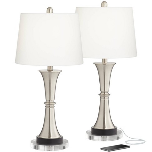 360 Lighting Seymore Modern Table Lamps Set of 2 with Round Risers 27 Tall  Brushed Nickel USB Charging Port White Drum Shade for Living Room Desk