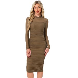 INSPIRE CHIC Women's Mesh Mock Neck Long Sleeve Ruch Elegant Cocktail Bodycon Dress - 1 of 4