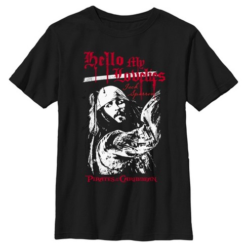 Boy s Pirates of the Caribbean Curse of the Black Pearl Jack Sparrow Hello My Lovelies T Shirt Black Medium