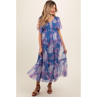 PinkBlush Blue Leaf Print Mesh Smocked Maternity Midi Dress