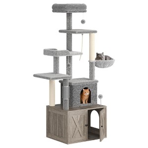 Cat Tree, Litter Box Enclosure - 2-in-1 Hidden Pet Washroom Furniture with Sisal Scratching Posts, Hammocks, Condo, Multi Platforms for Cats - 1 of 4