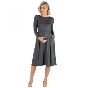 Maternity Midi Length Fit N Flare Pocket Dress - 24seven Comfort Apparel™ - 1 of 4
