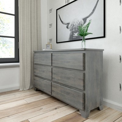 Image of Plank+Beam 6 Drawer Dresser, Storage Drawers Farmhouse Solid Wood Bedroom Dressers, Driftwood