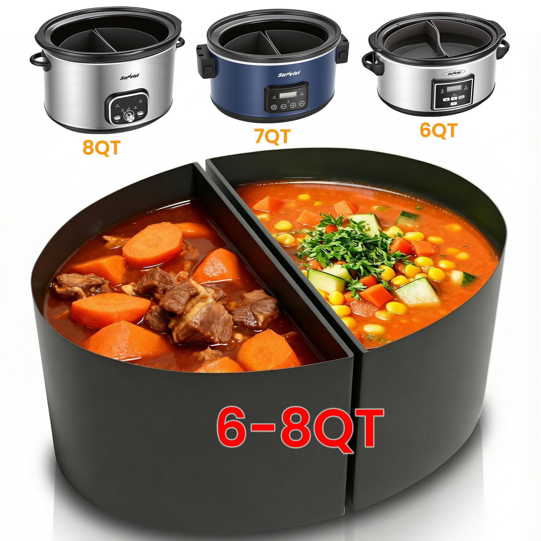 Heynemo 2 in 1 Silicone Slow Cooker Liners Fit for Crock Pots 6 Quart, Reusable Crock Pot Divider Insert, Bpa Free, Cooking Accessories, Grey