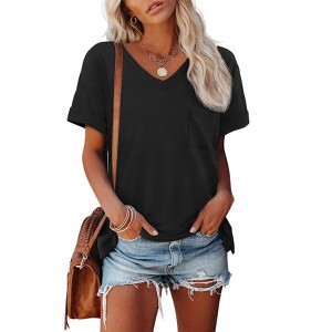 Womens Summer T Shirts V Neck Short Sleeve Blouses Casual Tunic Tops With Pockets 2025 Trendy Beach - 1 of 3