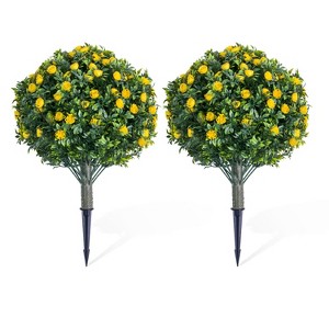 23.6" Artificial Rose Topiary Ball Trees with Ground Spike, UV Resistant Greenery Shrubs with Flowers, Fake Plants with Metal Stakes - 1 of 4