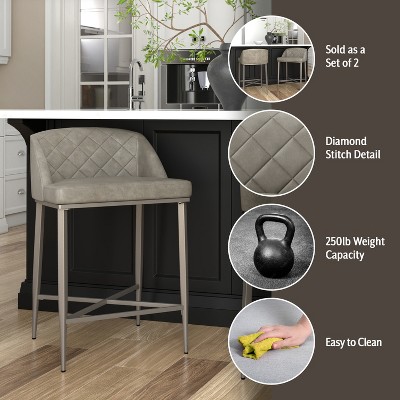 Mid-Century Modern Pewter Gray Faux Leather Counter Stools - Set of 2