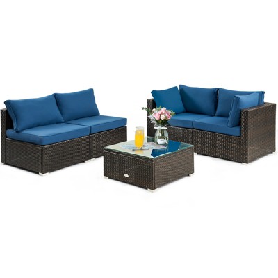 Tangkula 5PCS Rattan Patio Furniture Set Cushioned Sofa Chair Coffee Table Set Easy Assemble Red/Turquoise/White/Navy/Black