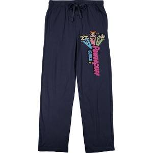 Powerpuff Girls Bubbles Blossom Buttercup Flying Above Logo Men's Navy Sleep Pajama Pants - 1 of 3