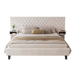 Christopher Knight Home Luca Queen Velvet Upholstered Platform Bed with Tufted Headboard, Integrated Nightstands, Beige - 1 of 4