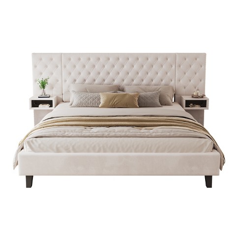 Christopher Knight Home Luca Queen Velvet Upholstered Platform Bed with Tufted Headboard, Integrated Nightstands, Beige - image 1 of 4