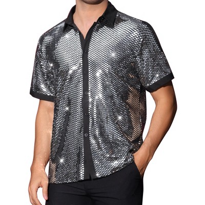 Lars Amadeus Men's Metallic Short Sleeves Summer Disco Party Sparkly Sequins Shirt
