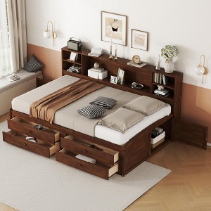 Full Size Wooden Captain Bed/Daybed with Built-in Storage Shelves, 4 Drawers and 2 Cabinets, Antique Brown - ModernLuxe - 1 of 4