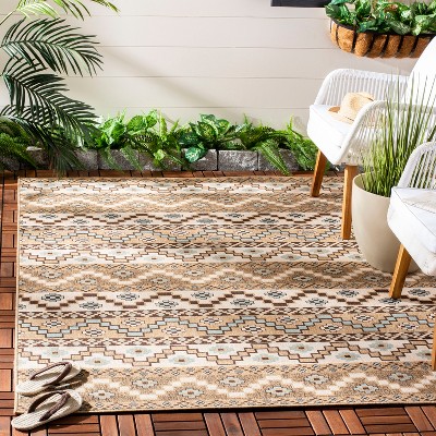 Cream and Brown Floral Synthetic Round Washable Rug