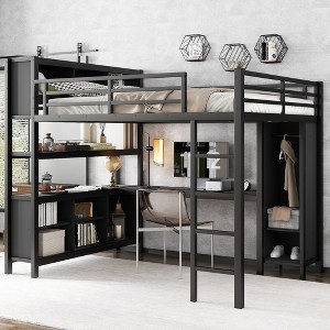 NicBex Full/Queen Metal Loft Bed with Wardrobe,L-shaped Desk,Headboard&Shelves,Versatile Gaming Loft for Kids,Teens&Gamers,350lbs Max - 1 of 4
