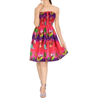 LA LEELA Women's Casual Beach Christmas A line Slit Mini Dresses Tube Top Short Strapless Santa Dress for Women One Size Pink Santa Reindeer Sleigh