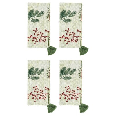 Pine Needle and Red Berry Cotton Holiday Table Napkins Set