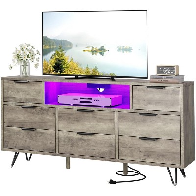 Dresser TV Stand, 8 Drawer Dresser with Power Outlet & LED Light, Modern Wood Chest of Drawers
