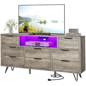 Dresser TV Stand, 8 Drawer Dresser with Power Outlet & LED Light, Modern Wood Chest of Drawers - 1 of 4