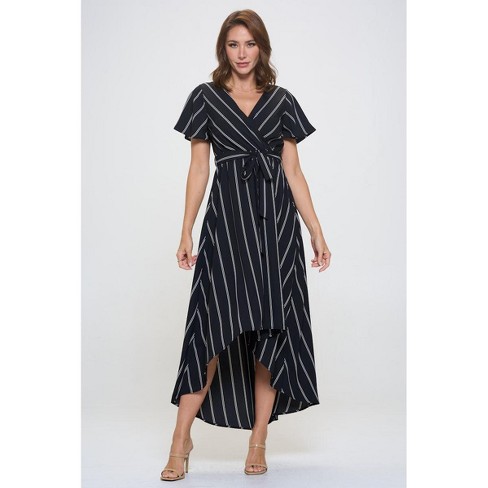 WEST K Women's Woven Georgia Faux-Wrap Dress with High-Low Hem and Tie  Waist - Large - Black White Stripe