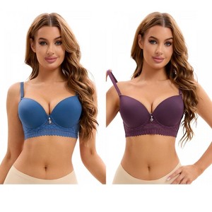 INSPIRE CHIC 2 Pcs Women's Lace Trim Underwire Adjustable Straps Plus Cup Size Push Up Bras - 1 of 4