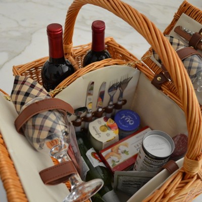 Natural Willow Picnic Basket with Two Person Set and Bottle Carrier
