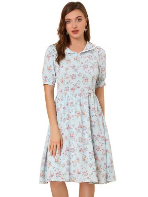 INSPIRE CHIC Women's Vintage Floral Peter Pan Collar High Waist Puff Sleeve A-line Midi Dress