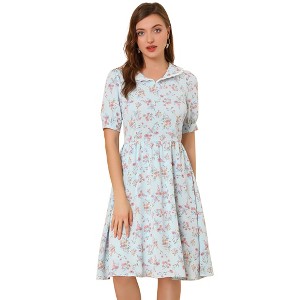 INSPIRE CHIC Women's Vintage Floral Peter Pan Collar High Waist Puff Sleeve A-line Midi Dress - 1 of 4