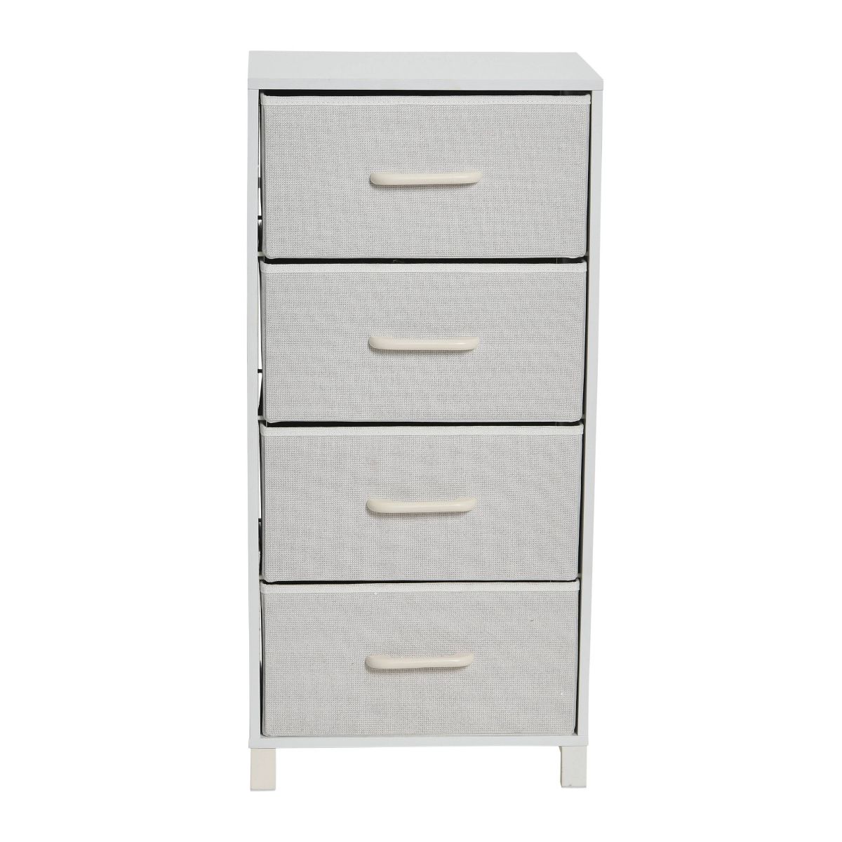 Front view of white fabric-drawer dresser tower