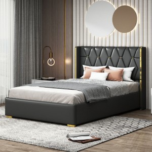 Full Size Upholstered Platform Bed with Metal Strips, Black - 1 of 4