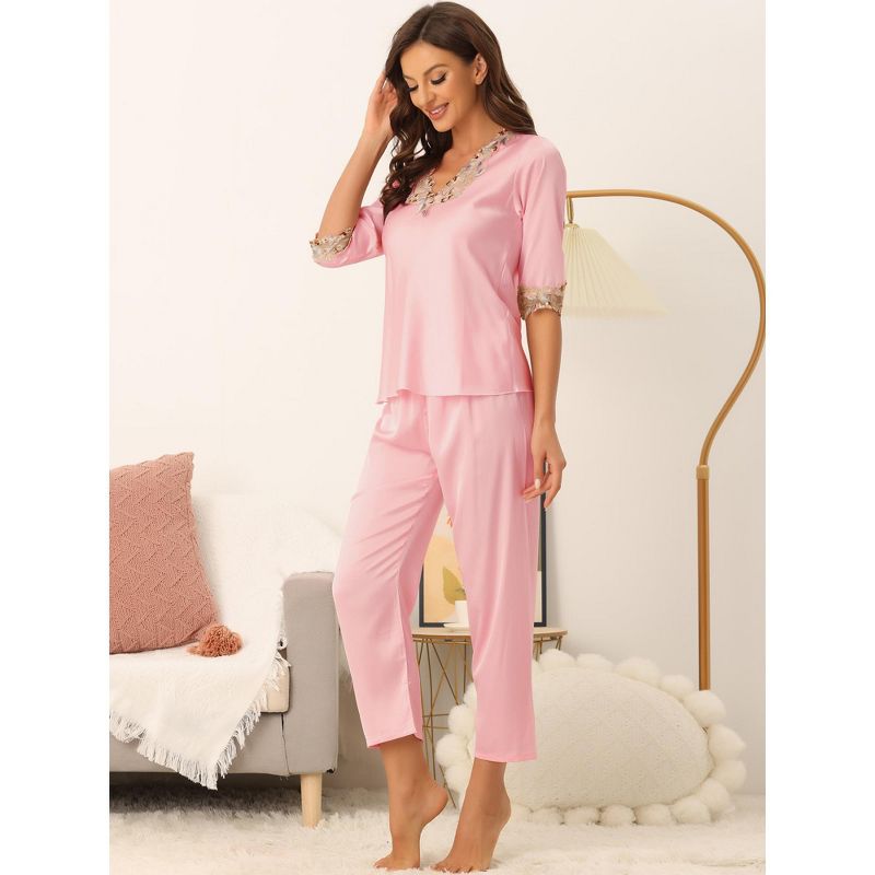 cheibear Women's Satin Pajama Set Half Sleeve Lace Trim with Long Pants 2 Piece Sleepwear Sets, 2 of 6