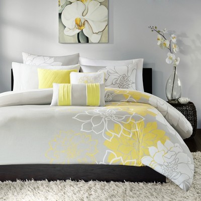 Madison Park 6pc Queen Victoria Floral Duvet Cover Set Yellow/Gray: Cotton Bedding with Embroidered Details — фото 2