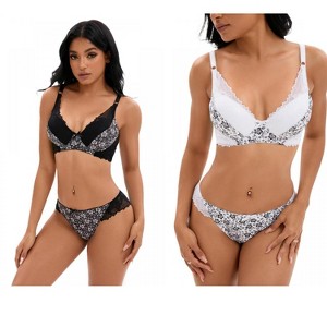 INSPIRE CHIC 2 Pcs Women's Floral Mesh Push-Up Underwire Lace Bra and Underwear Sets - 1 of 4