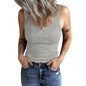 Imily Bela Women Henley Tank Tops Scoop Neck Ribbed Tops Summer Sleeveless Shirts Slim Fit Cami Knit - 1 of 4