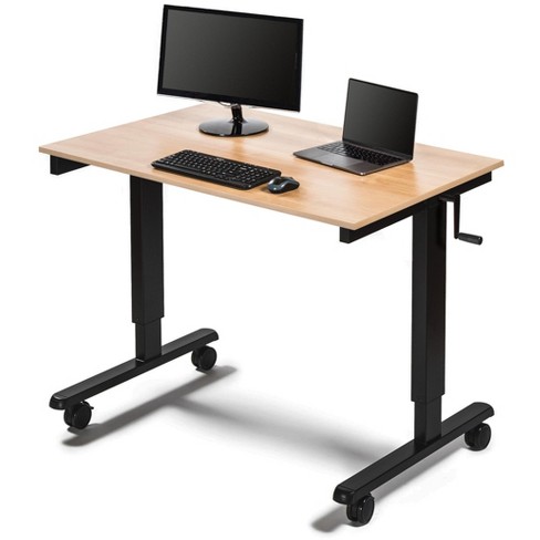 Stand Up Desk Store 48 Crank Adjustable Height Split Level Drafting Table Ergonomic Desk with Monitor Shelf (White/Birch)