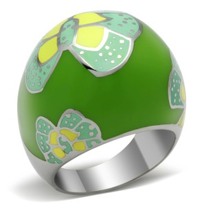 Slickblue Women’s Glossy Green Epoxy Ring – Yellow Floral Motif with Dotted Accents, Stainless Steel, Sizes 5–10 - 1 of 4