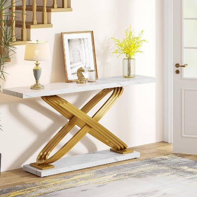 55" White Faux Marble and Gold Metal Console Table