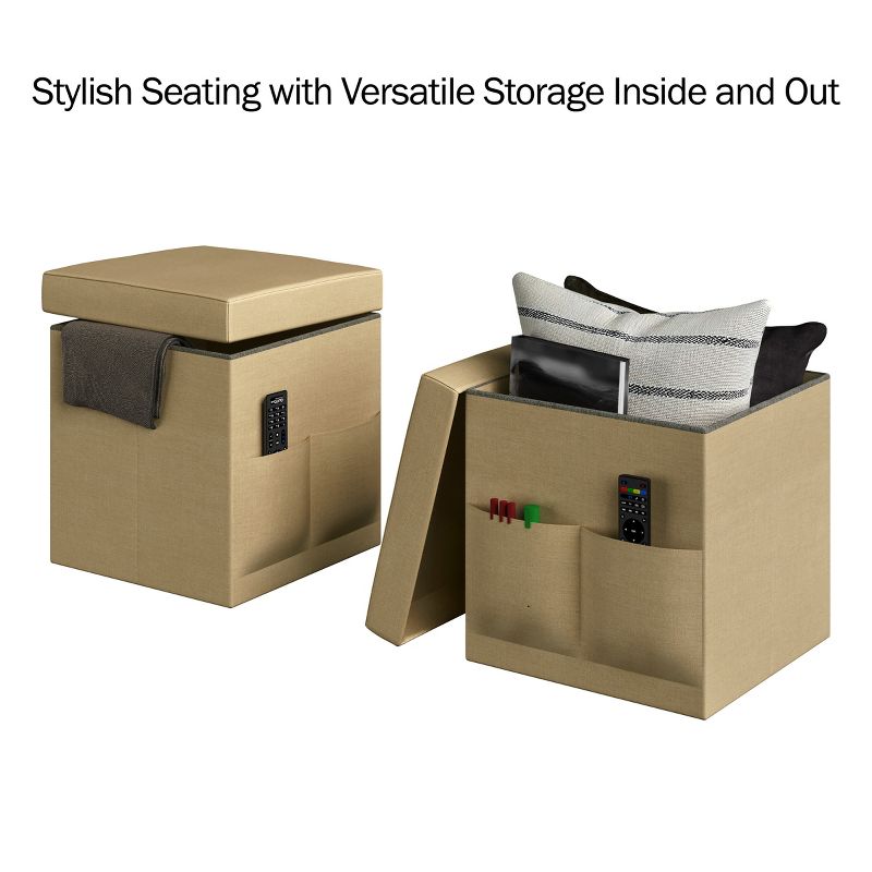 Lavish Home 15-Inch Foldable Multipurpose Storage Cube Ottoman with Pockets, Beige, Pair, 2 of 7