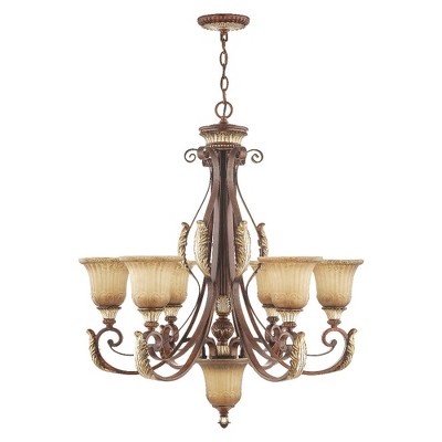 Verona Bronze & Aged Gold Leaf 7-Light Rustic Art Glass Chandelier