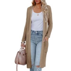 Womens Casual Knit Cardigan Long Sleeve Mid Length Fitted Pocket Sweater Cardigan - 1 of 3