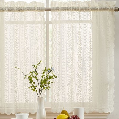 HLC.ME Sophia Floral Rod Pocket Lace Semi Sheer Voile Short Cafe Tiers - Set of 2